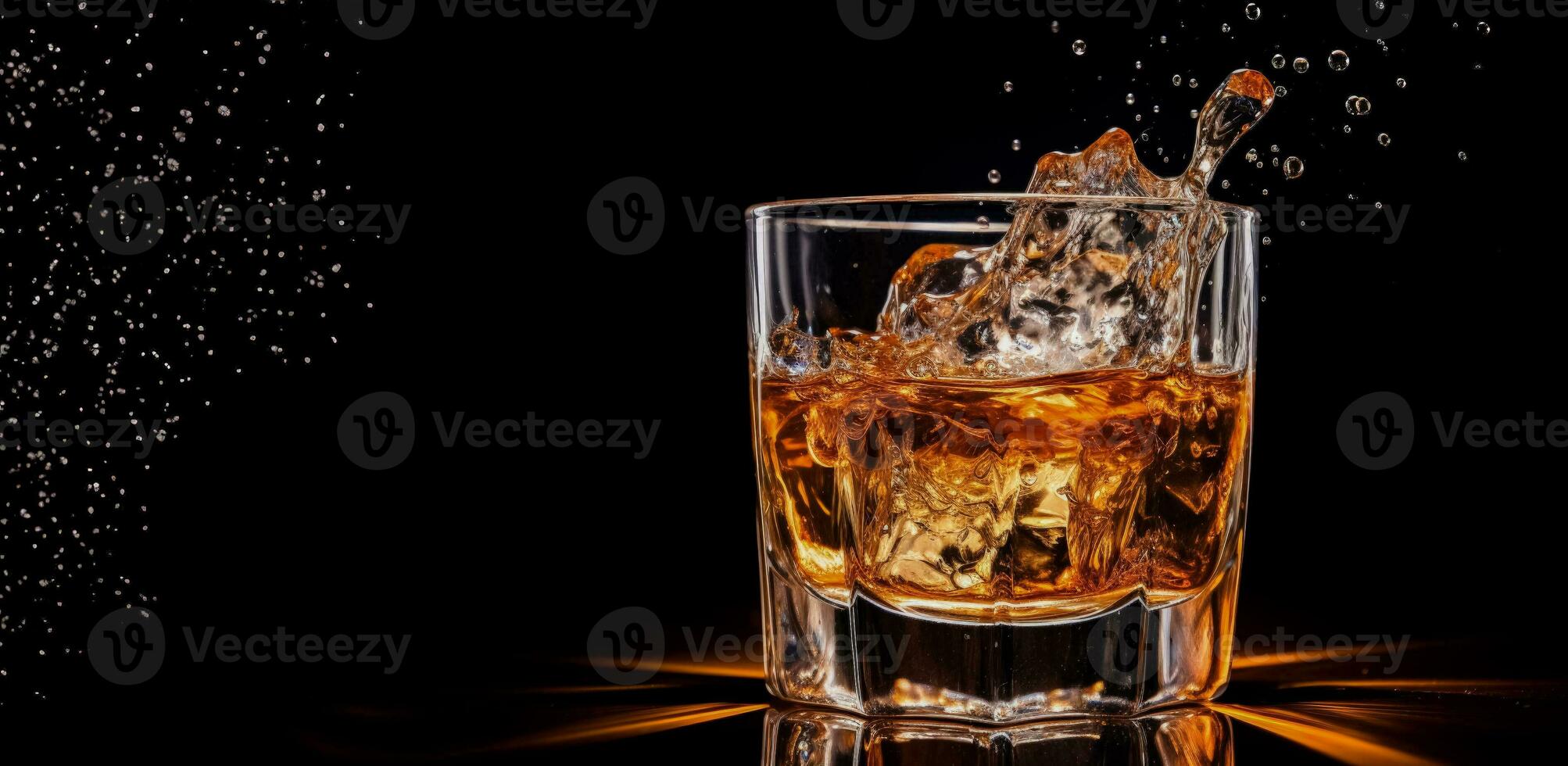 Isolated on black a Glass splashes Whiskey with ice cubes photo