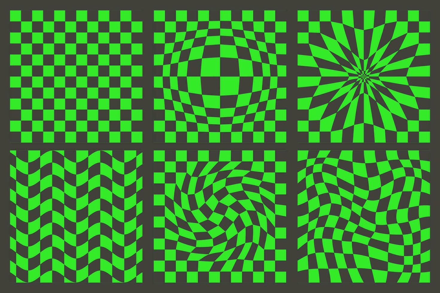 Checkerboard pattern. Black and green psychedelic wavy backgrounds set. Abstract grid warp texture. Y2k chessboard rave geometric design. Vector illustration.