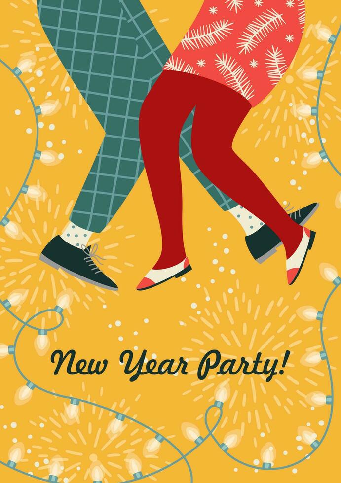 Christmas and Happy New Year illustration of dance party. Trendy retro style. Vector design template.