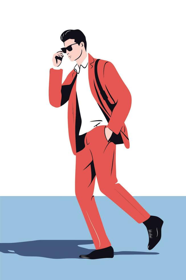 Vector illustration of a young man in a red suit walking and talking on the phone