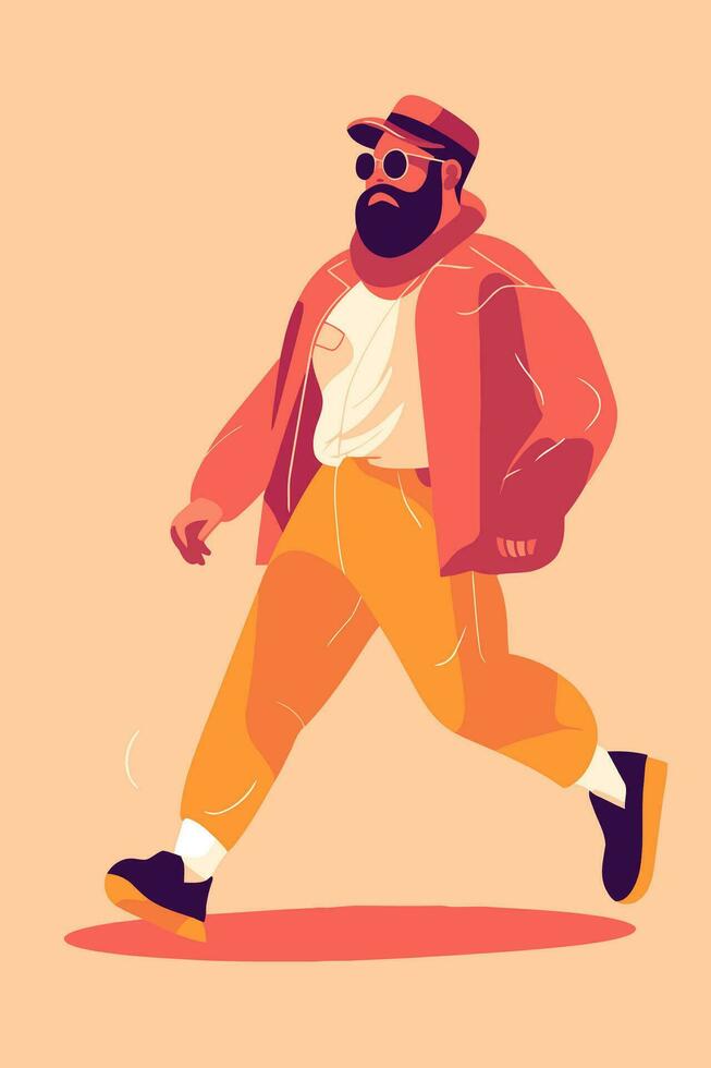 vector ilustración de un hipster hombre con un barba y Bigote en un rojo chaqueta y Gafas de sol carreras en un rosado antecedentes.