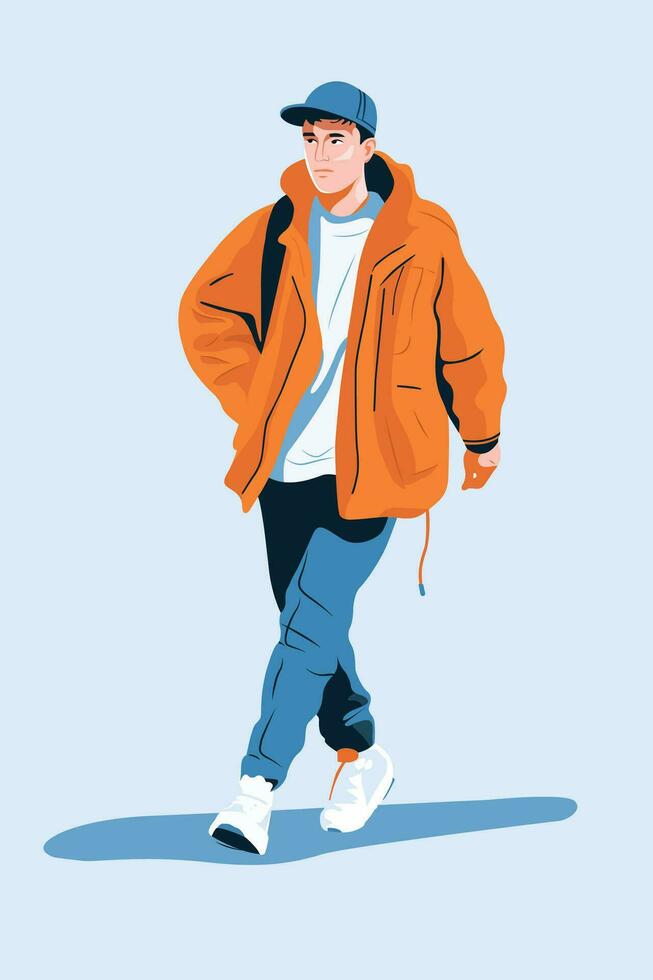 Vector illustration of a man in a yellow jacket with a backpack.