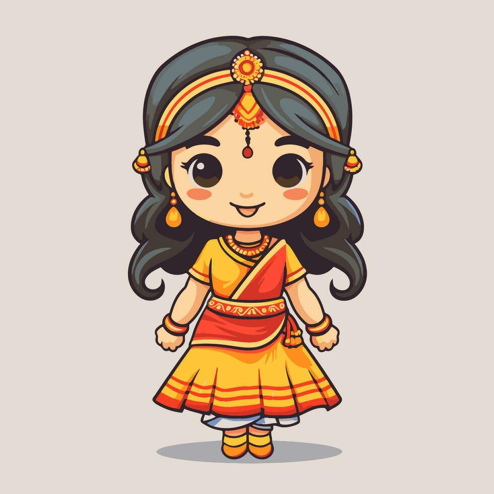 Indian girl in traditional costume. Cute cartoon character. Vector illustration.