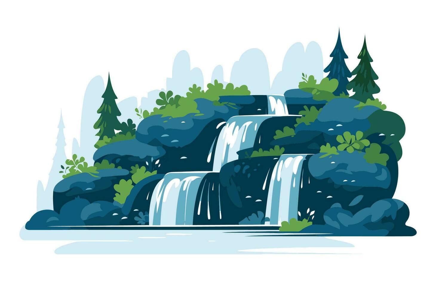 Waterfall in the forest. Vector illustration in flat cartoon style.