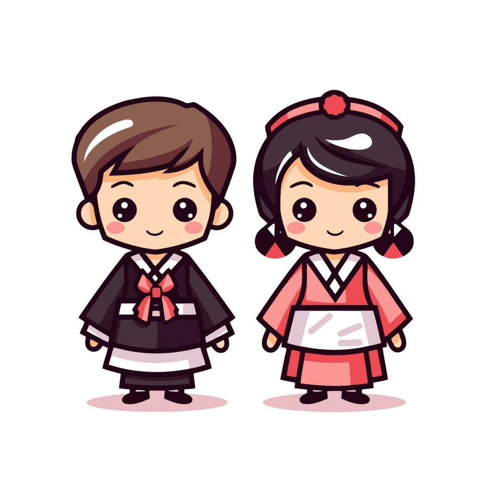 Cute Japanese boy and girl in traditional costume. Vector illustration.