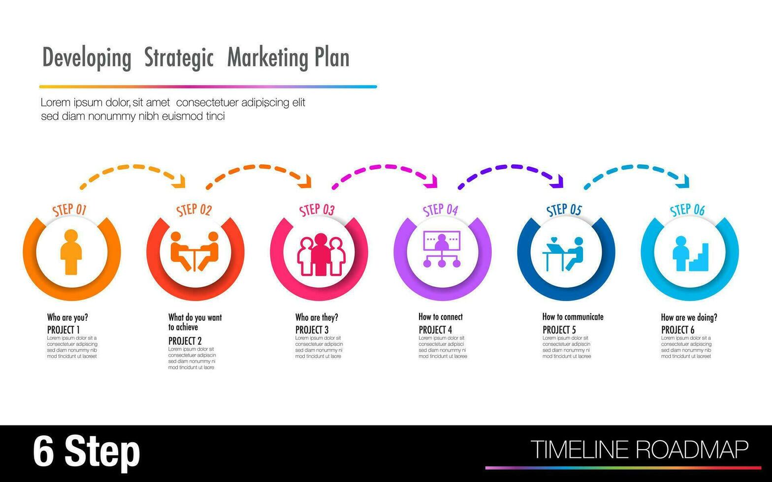 Infographic 6 step develop marketing strategic plan and road map for business chart to present data, progress, direction, clean design vector