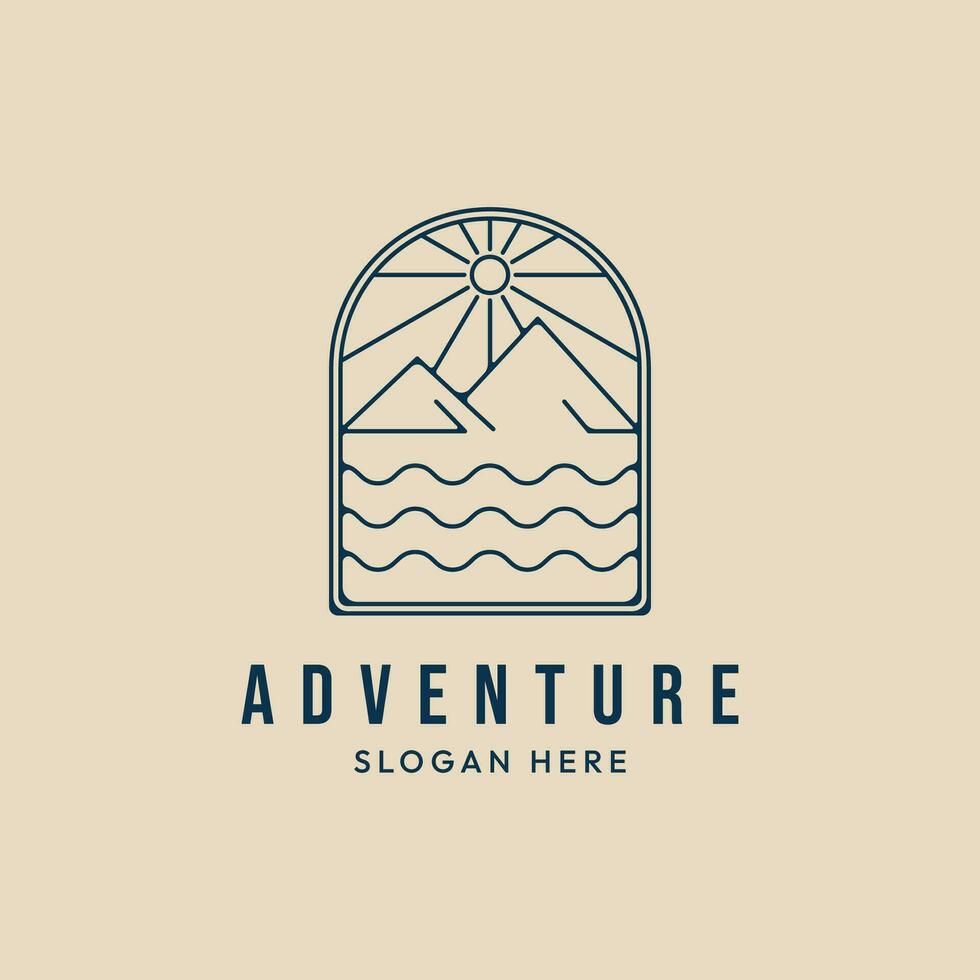 river mountain line art minimalist logo with emblem vector illustration design, adventure logo