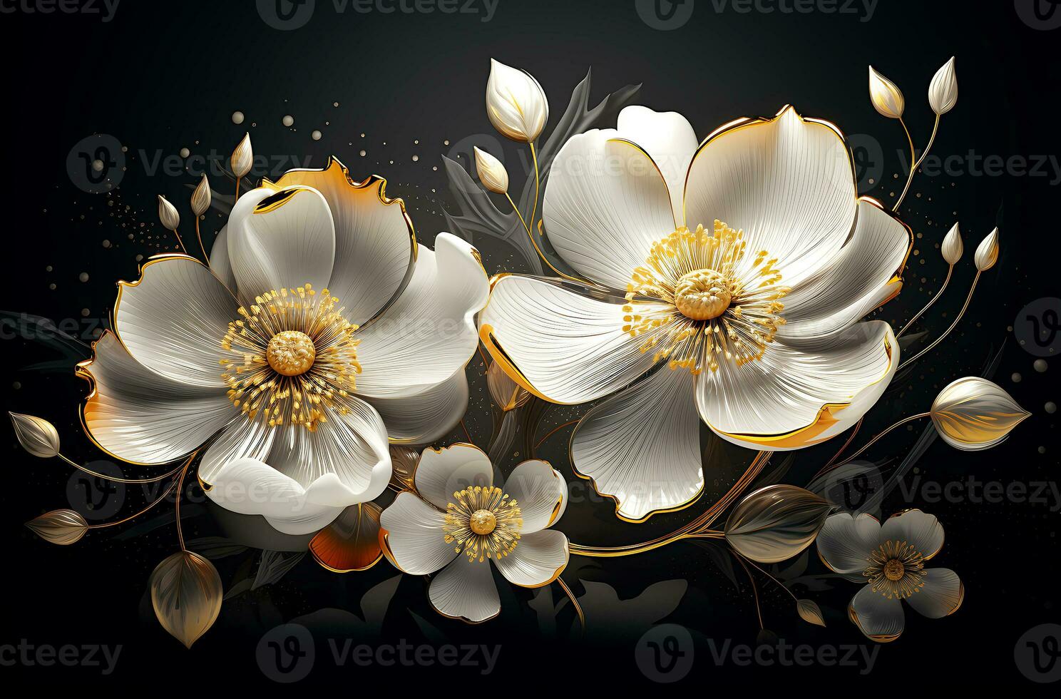 3d digital flowers on a dark background generated by Ai photo