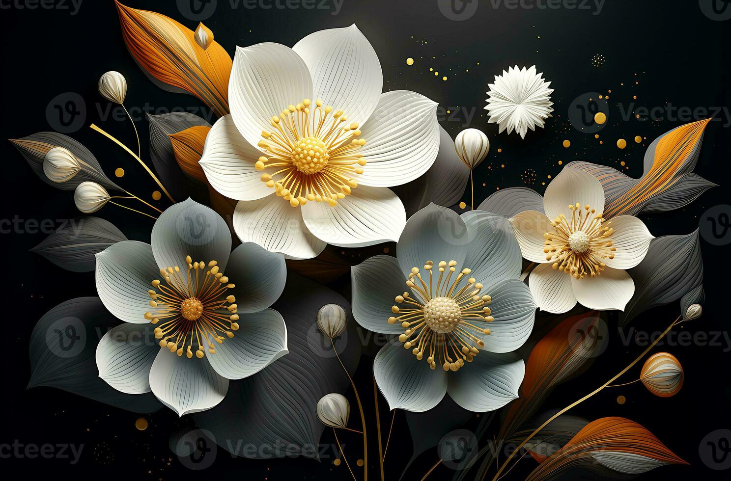 3d digital flowers on a dark background generated by Ai photo