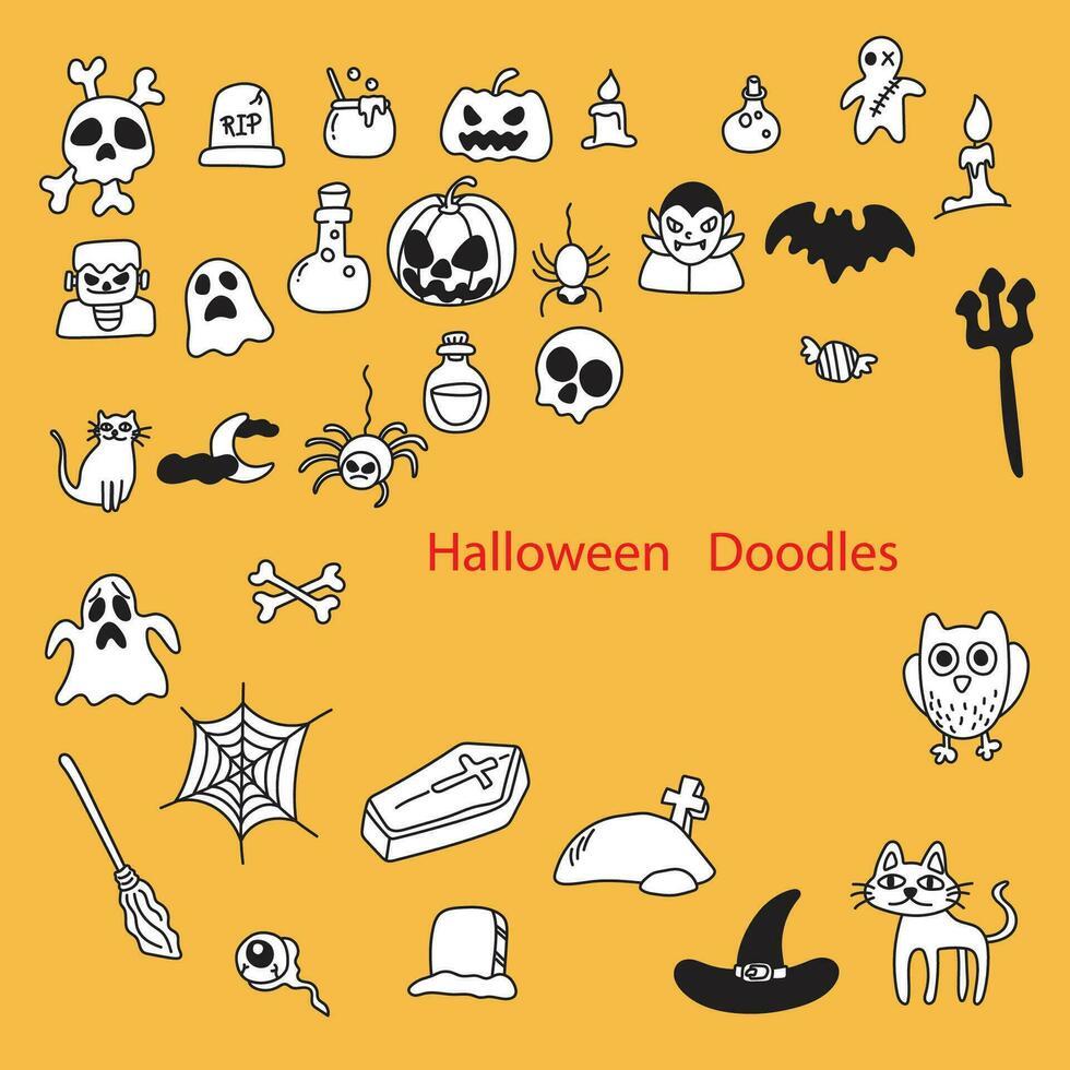 doodle halloween horror set illustration vector hand drawn isolated on orange background