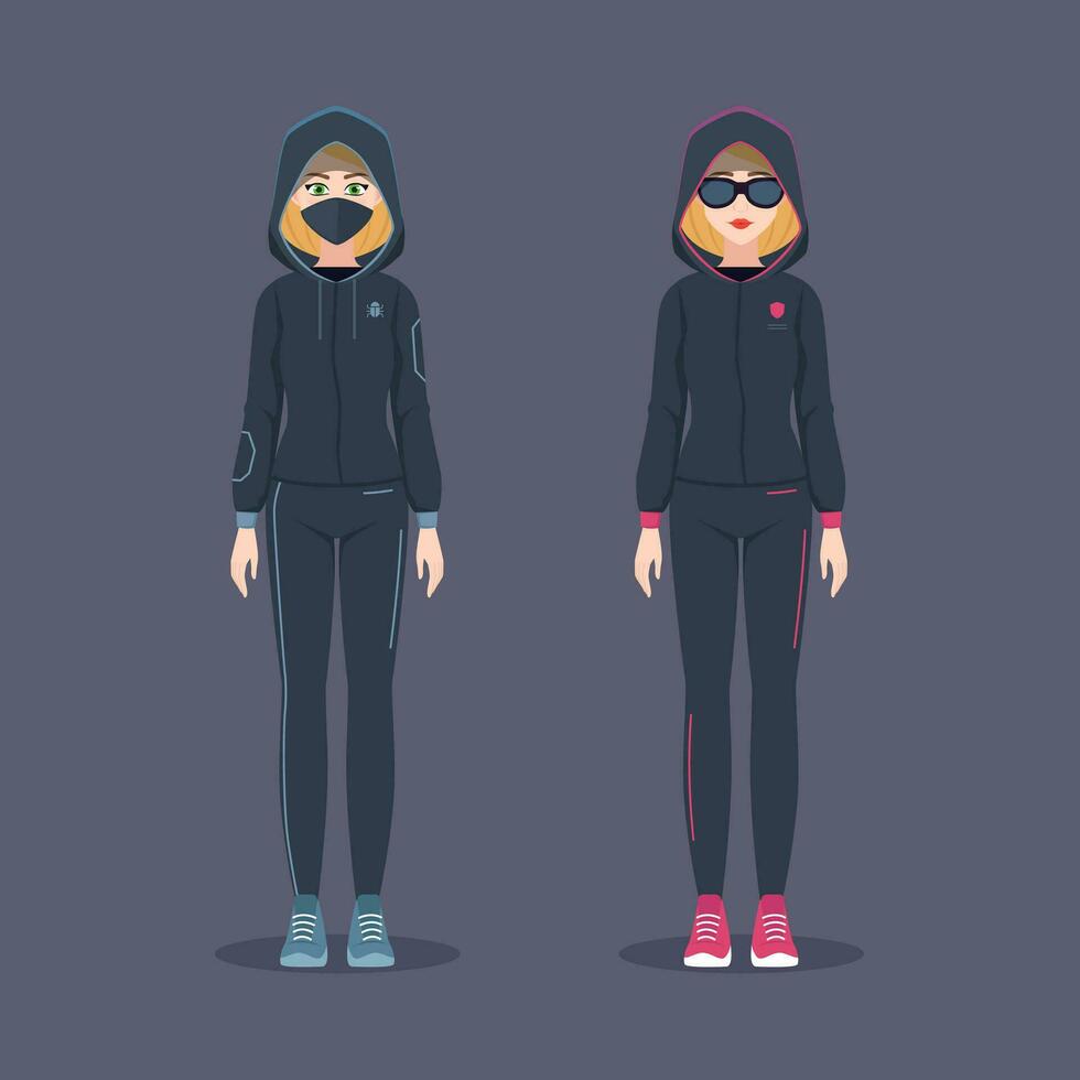 Two vector girl in dark sport costumes. Hacker and security lady pack. Characters for game, posters, infographic, advertisign or web.