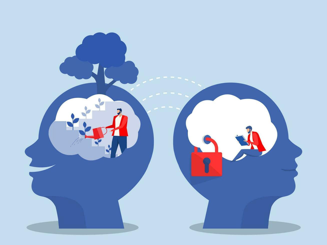 Two Big head humans think growth mindset different fixed mindset concept vector illustrator