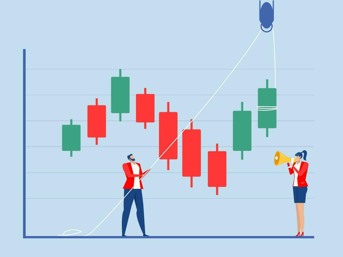 businessman dragging a chart graph of trader thinking while analyzing green graph  from continue drop down to buy or sell in crypto trading or stock market vector