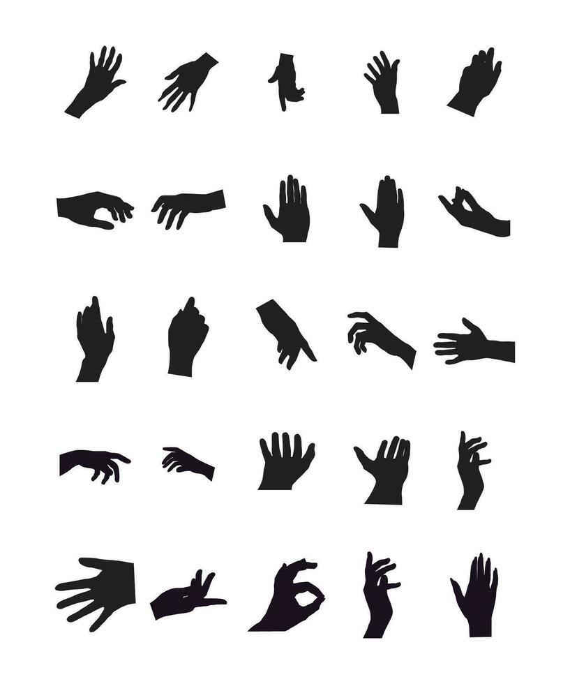 Set of various black silhouette human hands. Vector collection of male hands of different gestures.