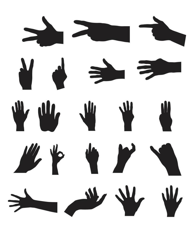 Set of various black silhouette human hands. Vector collection of male hands of different gestures.