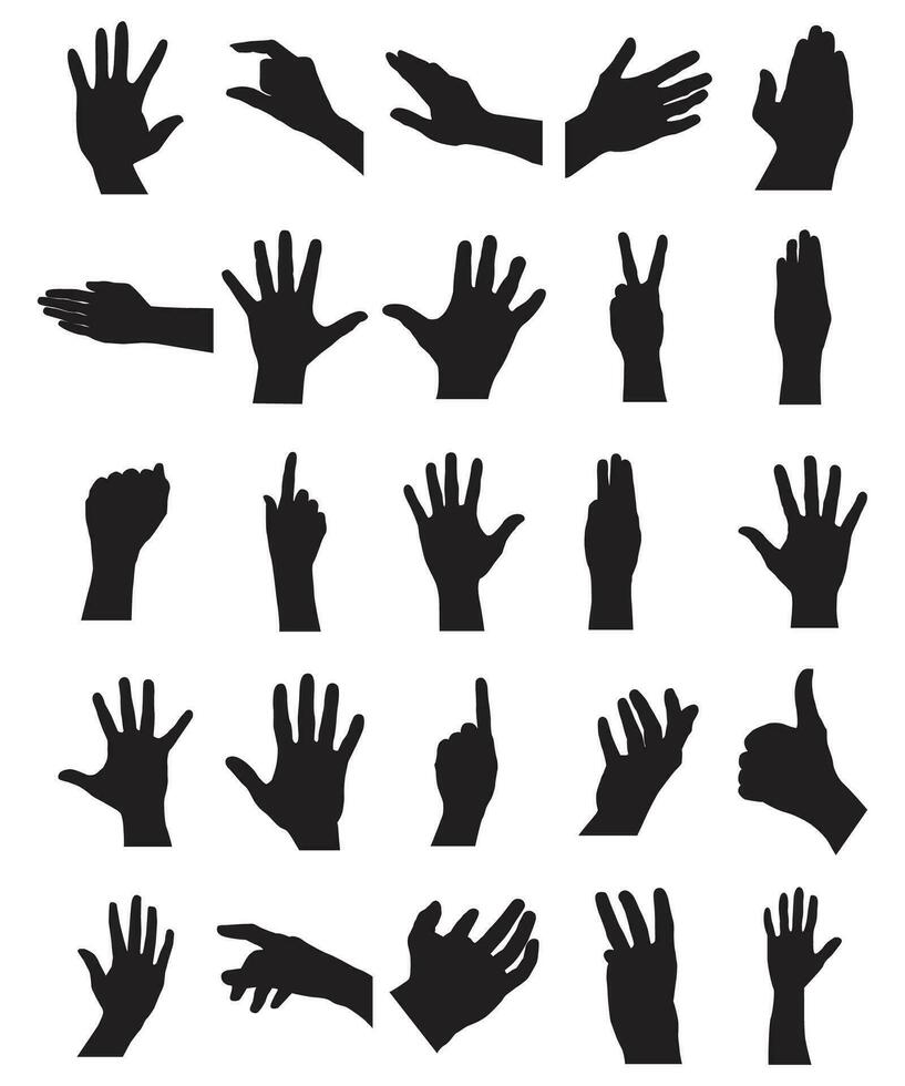 Set of various black silhouette human hands. Vector collection of male hands of different gestures.