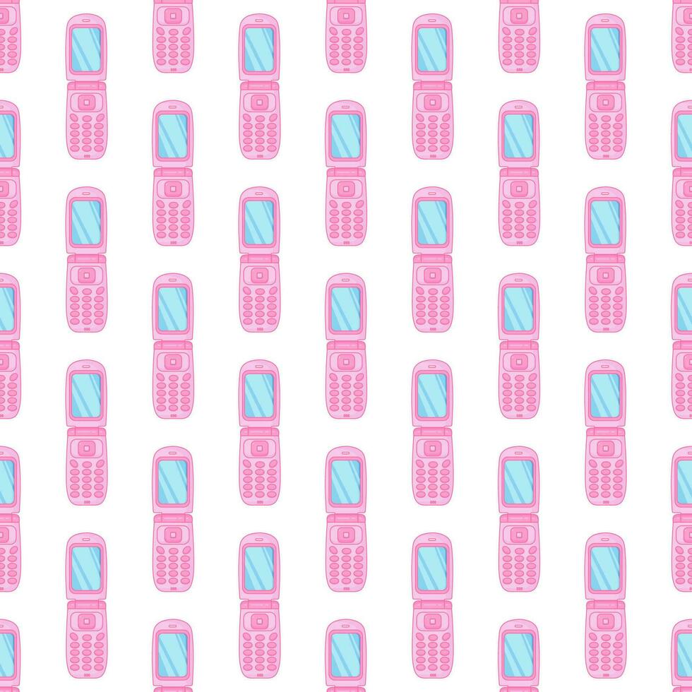 Cute pink flip phone. Retro nostalgia style. Y2k aesthetic. Seamless pattern. vector