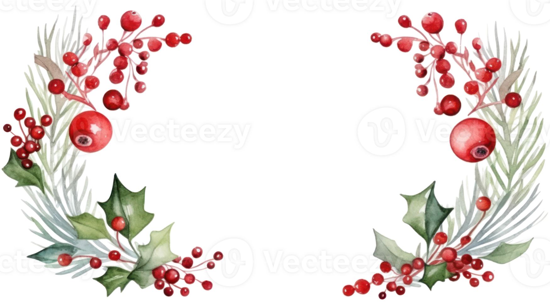 Festive watercolor Christmas wreath with red berries and a frame. png
