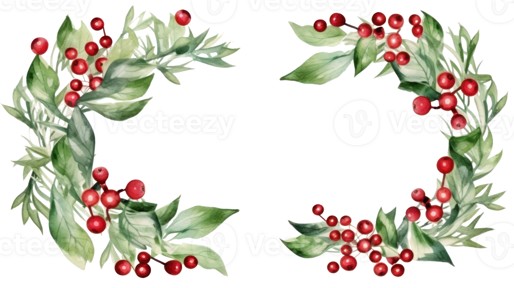 Watercolor mistletoe wreath with red berries and a wooden frame png