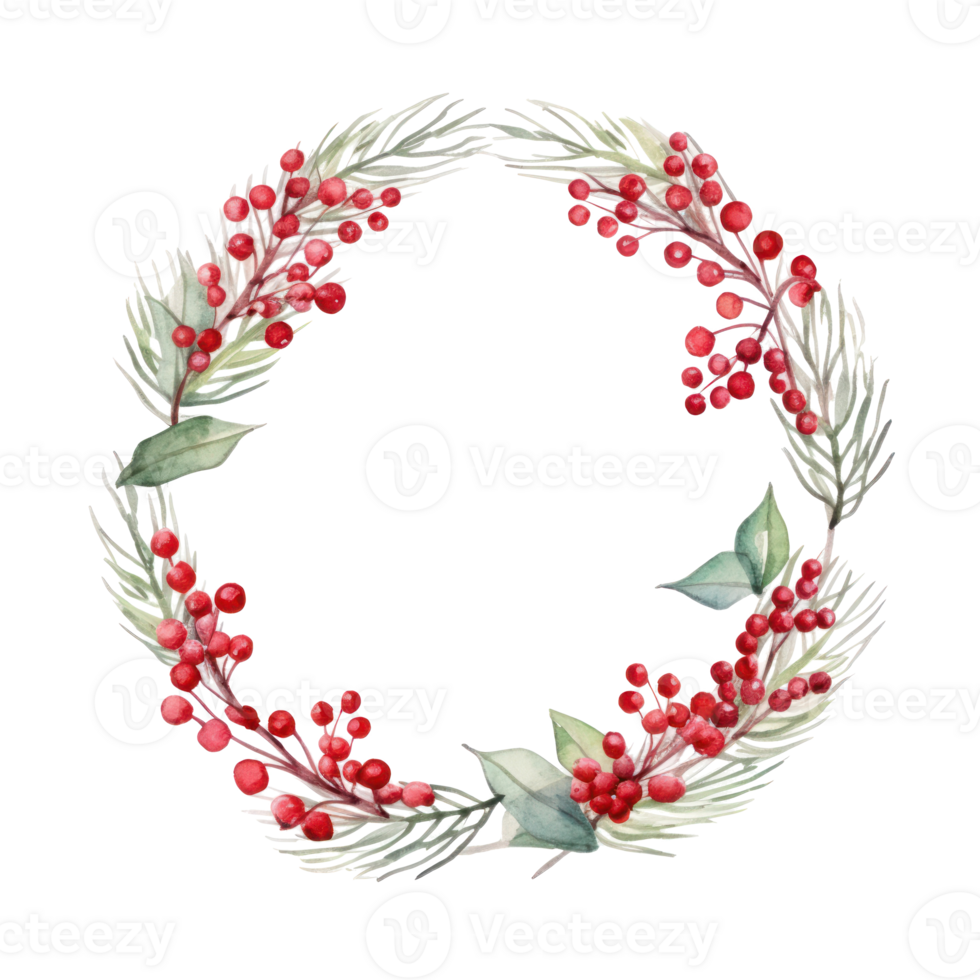 Festive watercolor Christmas wreath with red berries and a frame. png