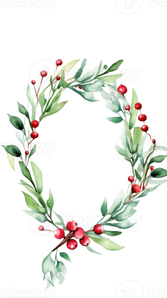 Watercolor mistletoe wreath with red berries and a wooden frame png