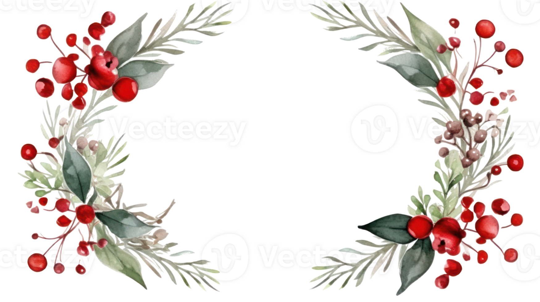 Festive watercolor Christmas wreath with red berries and a frame. png