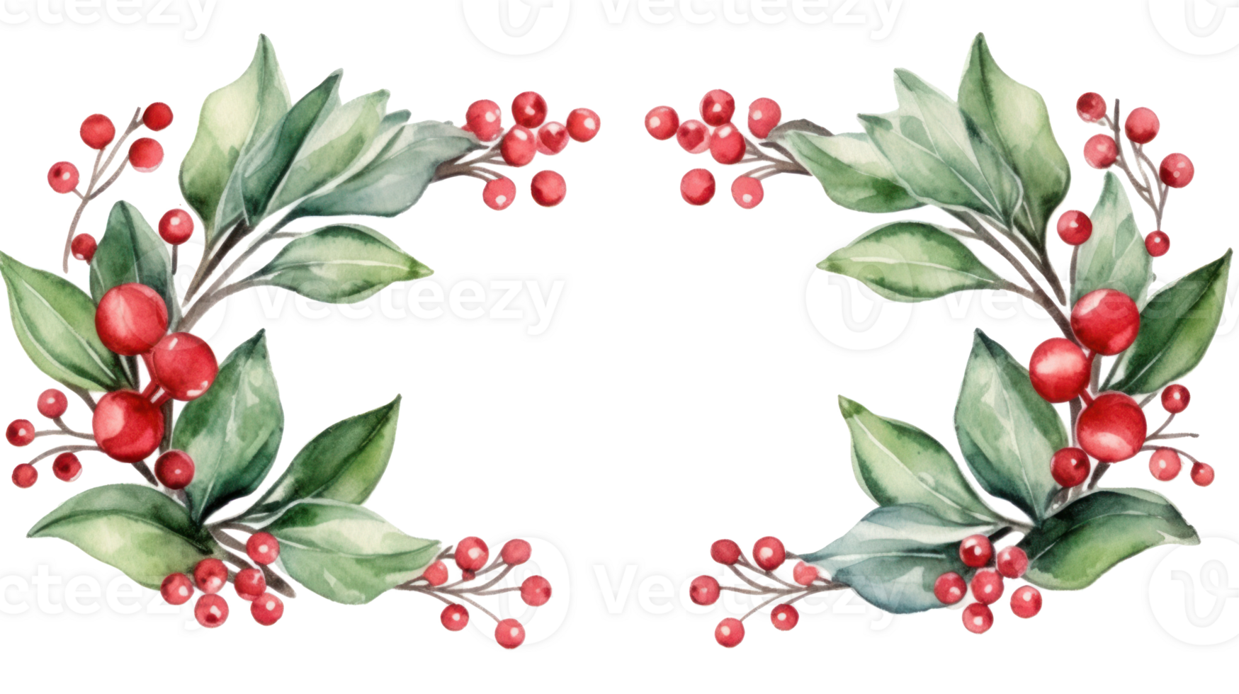 Watercolor mistletoe wreath with red berries and a wooden frame png