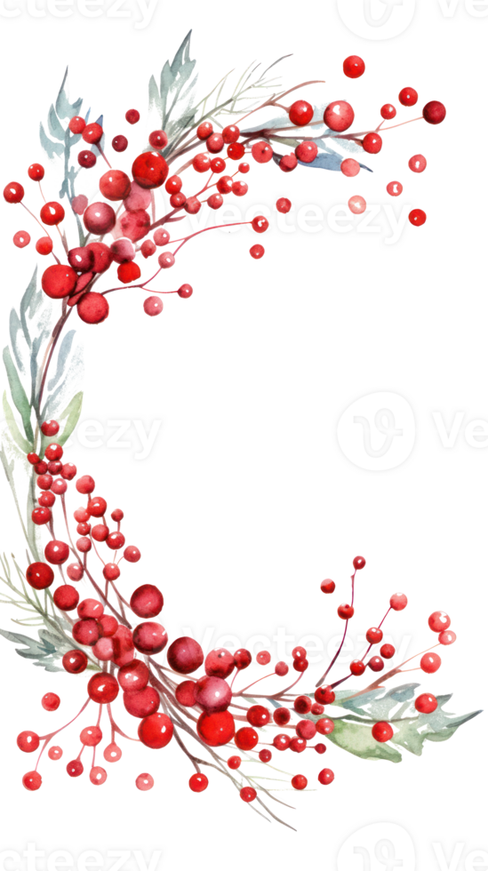 Festive watercolor Christmas wreath with red berries and a frame. png