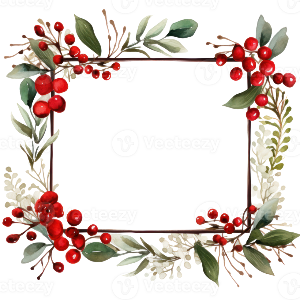 Hand-painted winter berries and leaves with a wooden frame png