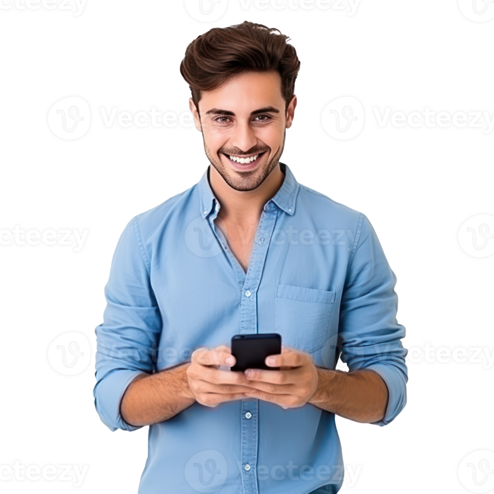Handsome business man in blue t-shirt woth mobile phone isolated png