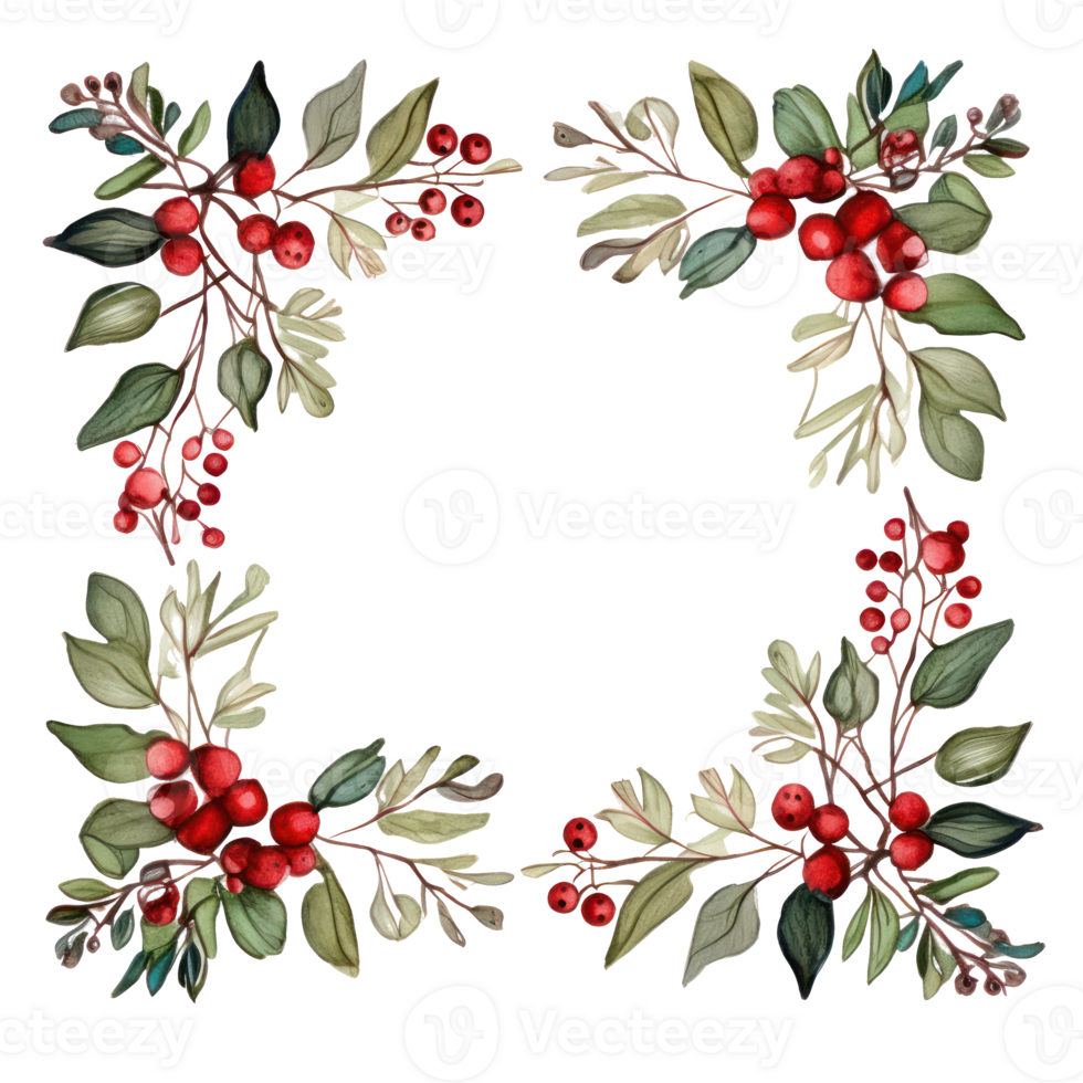 Hand-painted winter berries and leaves with a wooden frame png