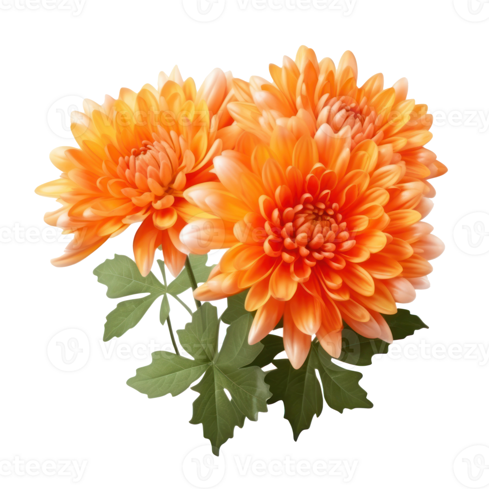 delicate orange chrysanthemum flowers, buds and leaves isolated over white background without shadow png
