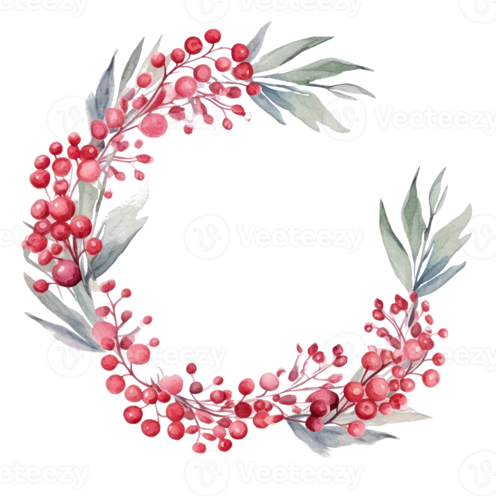 Festive watercolor Christmas wreath with red berries and a frame. png