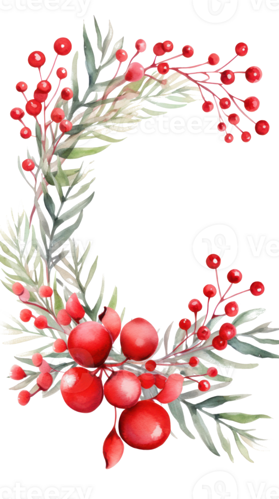 Festive watercolor Christmas wreath with red berries and a frame. png