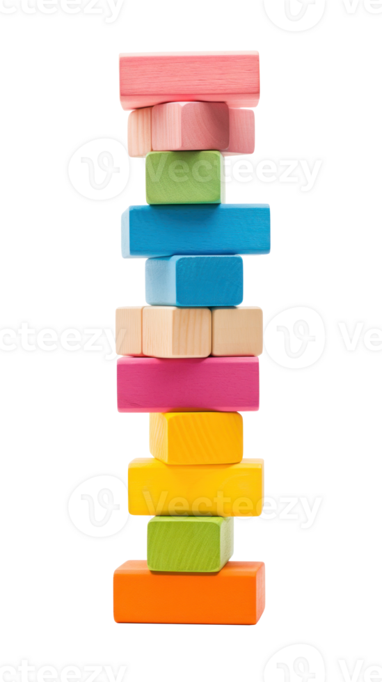 Colorful blocks stacked high in a tower, ready to topple isolated png