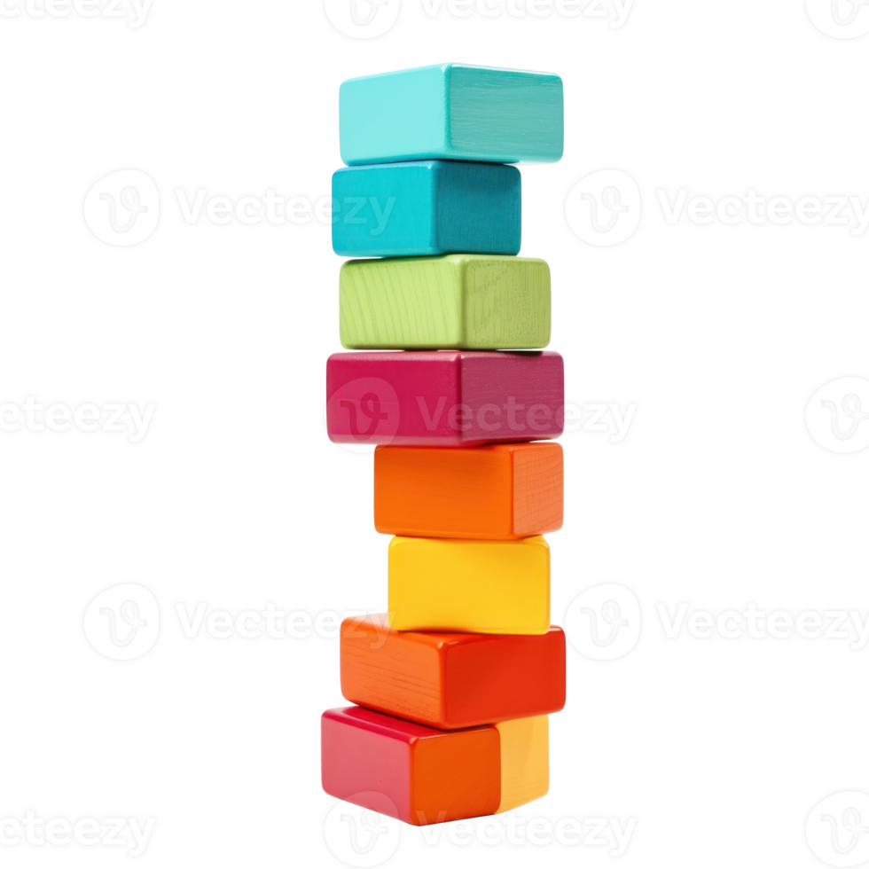 Colorful blocks stacked high in a tower, ready to topple isolated png