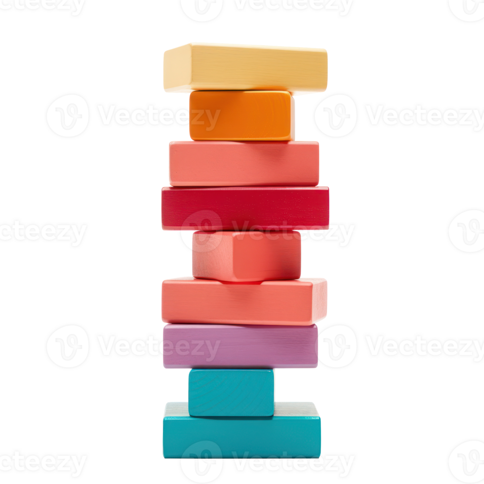 Colorful blocks stacked high in a tower, ready to topple isolated png