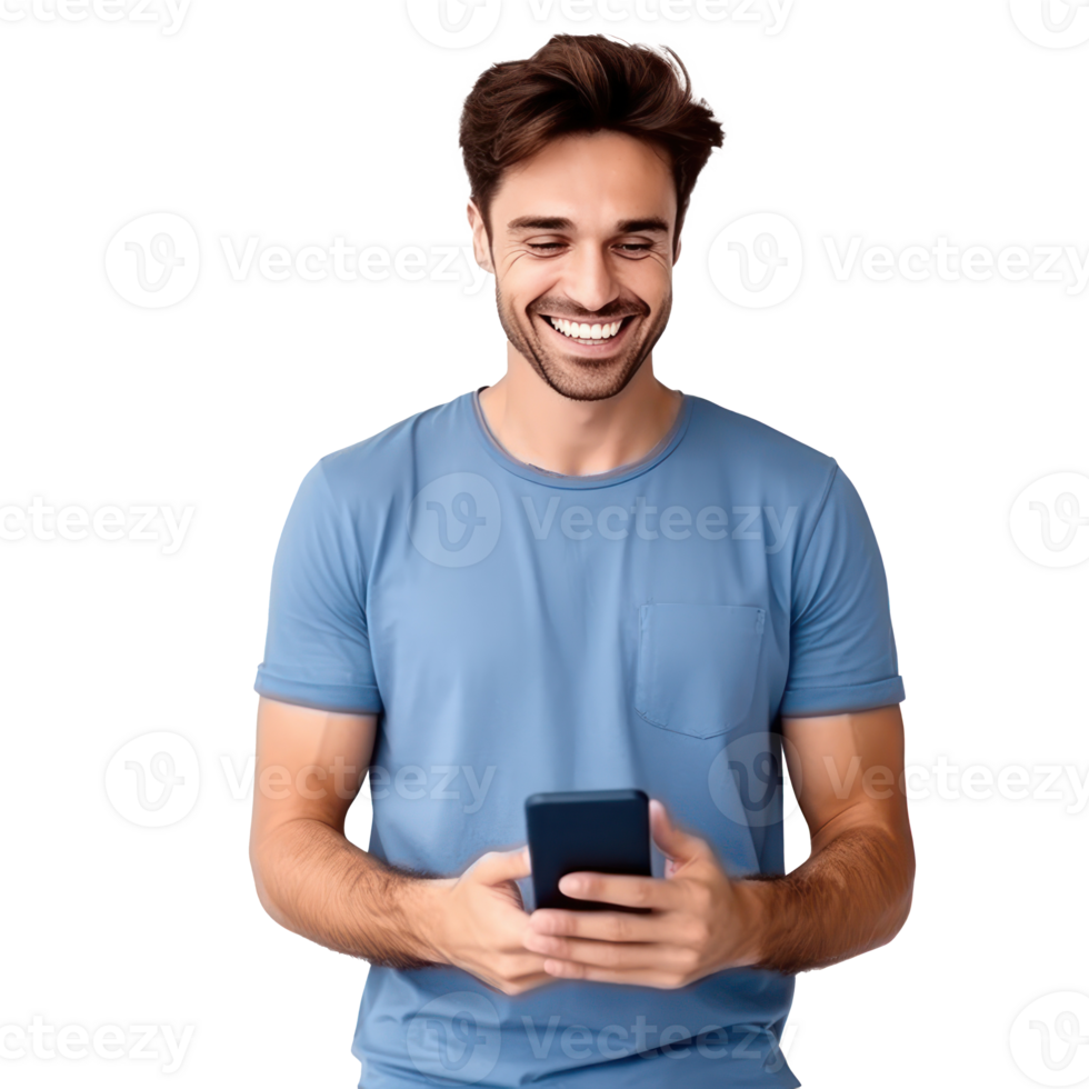 Handsome business man in blue t-shirt woth mobile phone isolated png