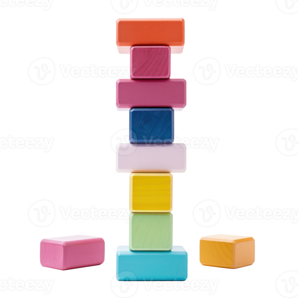 Colorful blocks stacked high in a tower, ready to topple isolated png