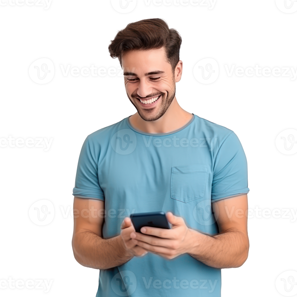 Handsome business man in blue t-shirt woth mobile phone isolated png