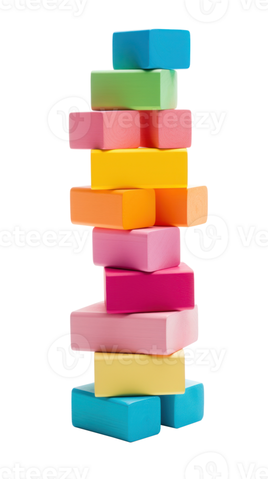 Colorful blocks stacked high in a tower, ready to topple isolated png