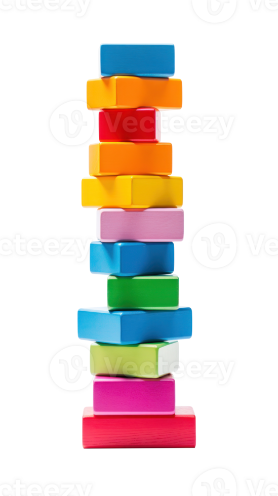 Colorful blocks stacked high in a tower, ready to topple isolated png