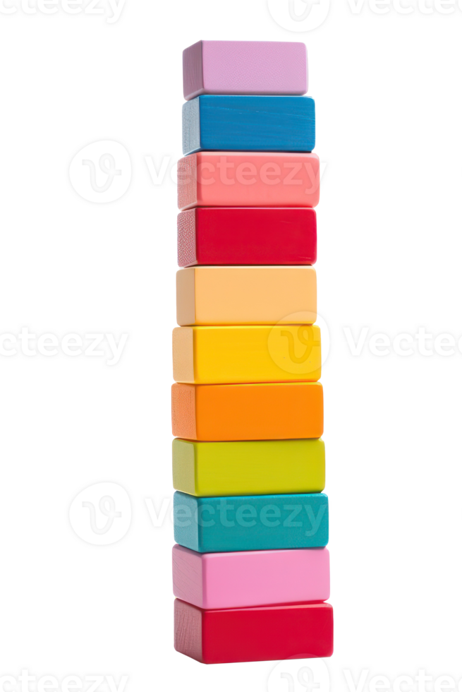 Colorful blocks stacked high in a tower, ready to topple isolated png