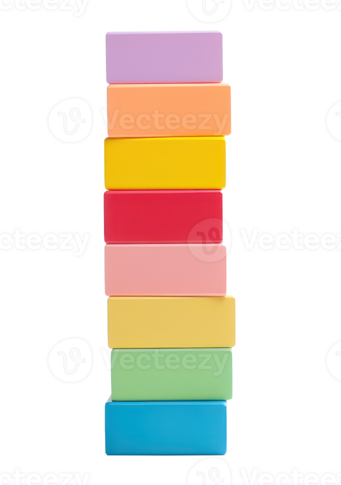 Colorful blocks stacked high in a tower, ready to topple isolated