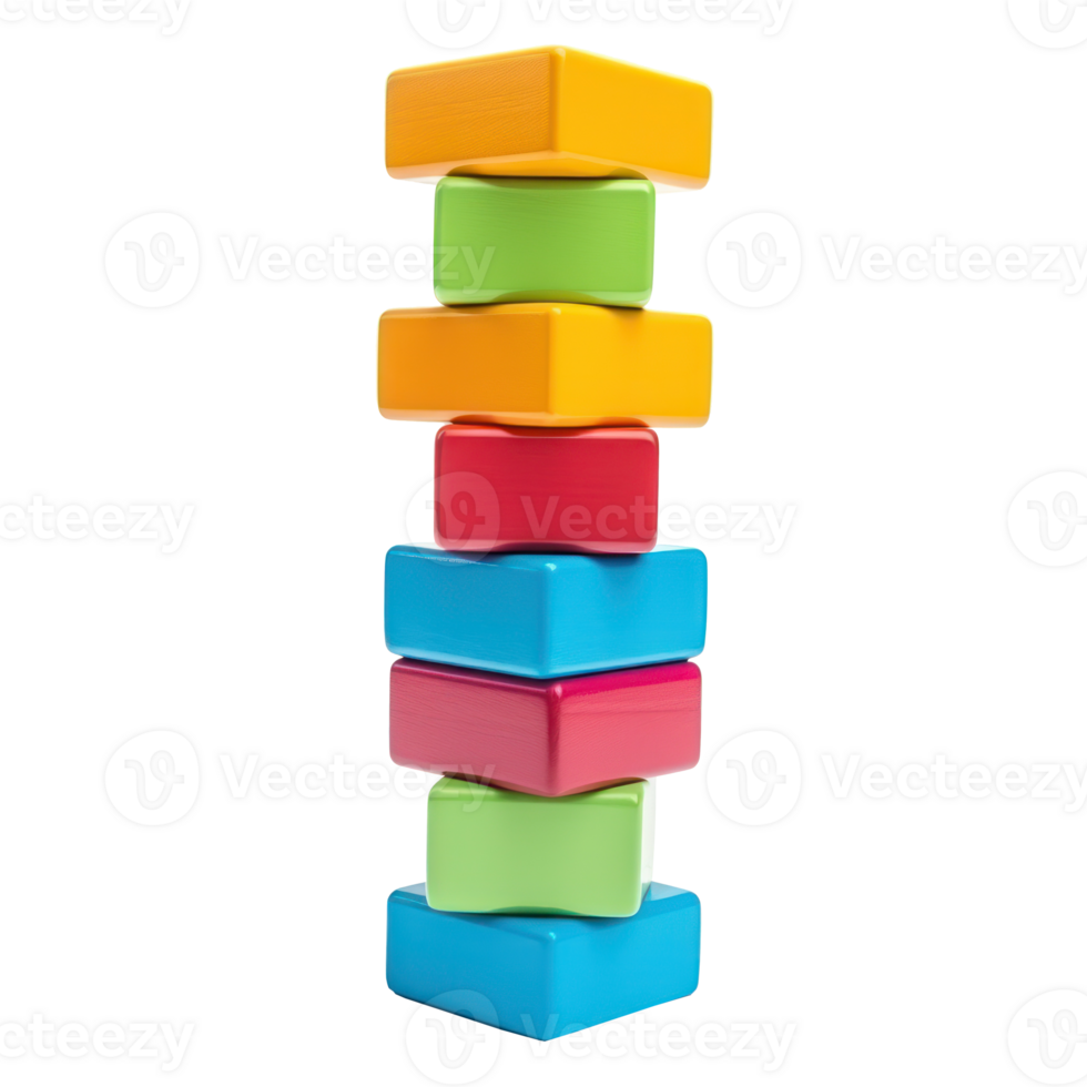 Colorful blocks stacked high in a tower, ready to topple isolated png