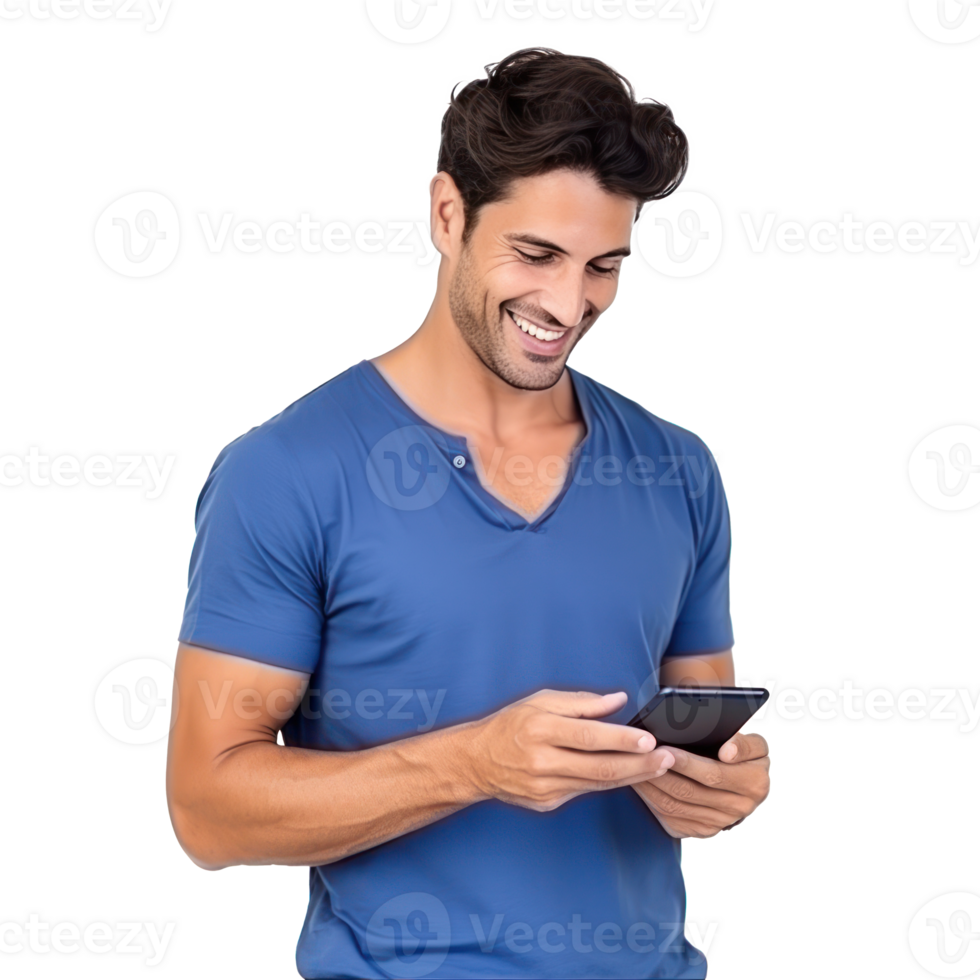 Handsome business man in blue t-shirt woth mobile phone isolated png