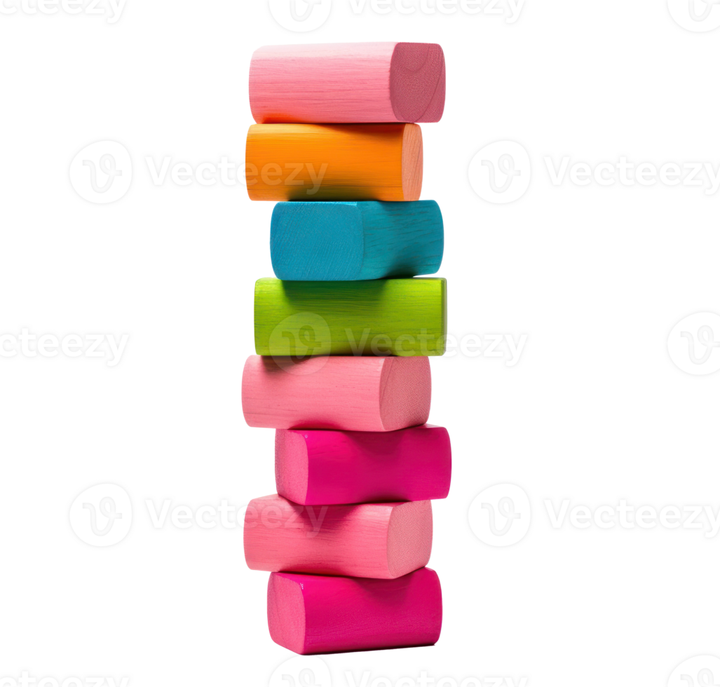 Colorful blocks stacked high in a tower, ready to topple isolated png