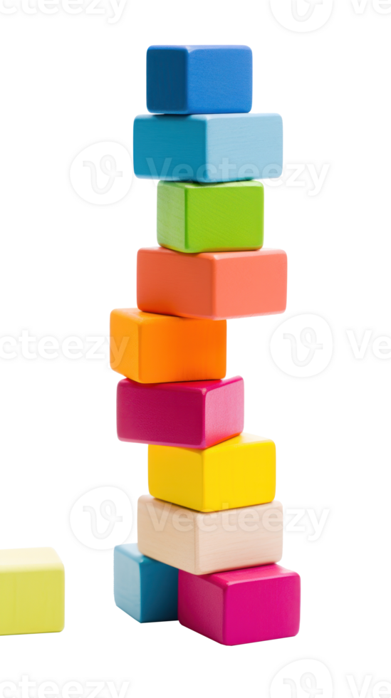 Colorful blocks stacked high in a tower, ready to topple isolated png