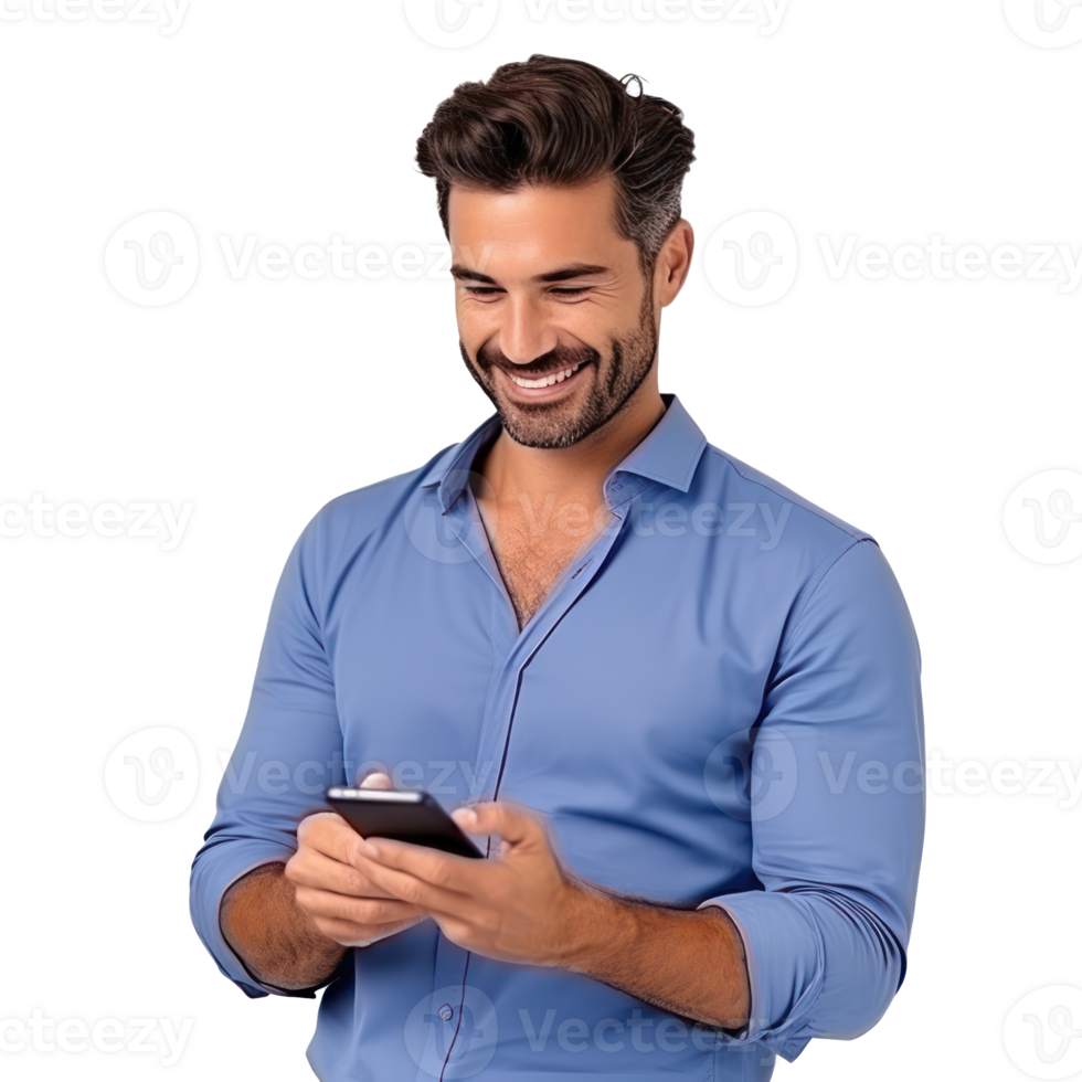 Handsome business man in blue t-shirt woth mobile phone isolated png