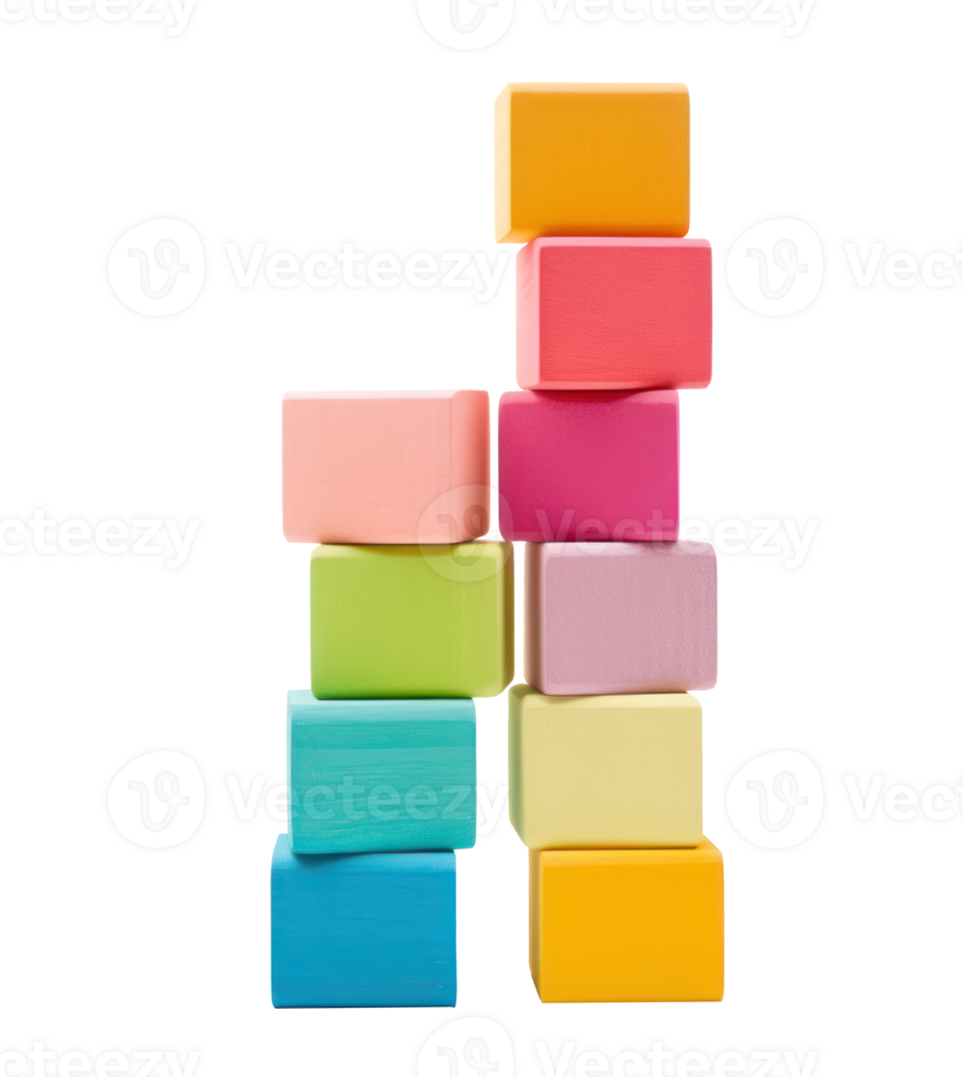 Colorful blocks stacked high in a tower, ready to topple isolated png